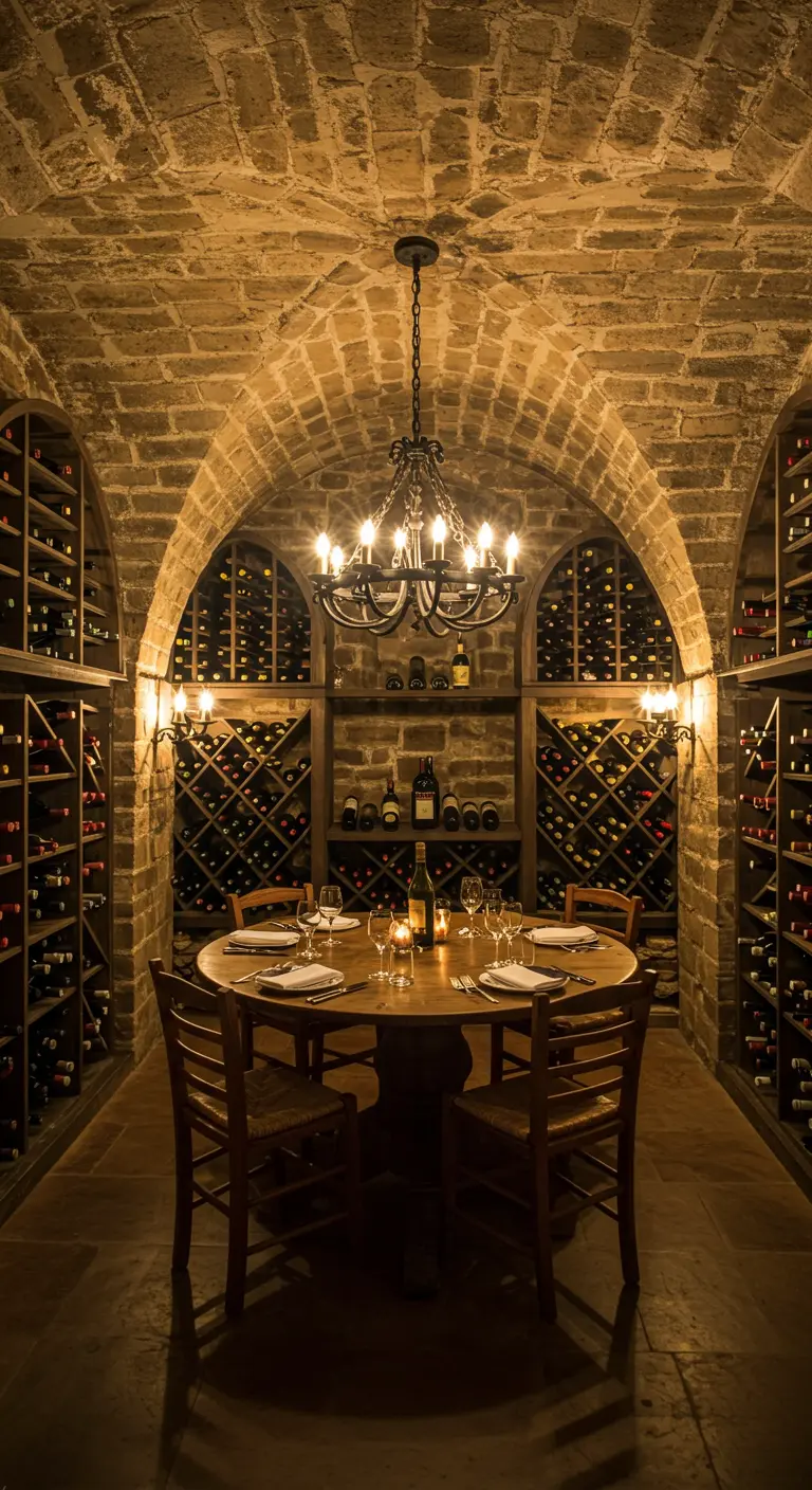 Pequeño comedor en una bodega de piedra con mesa redonda, rodeado de botelleros de vino