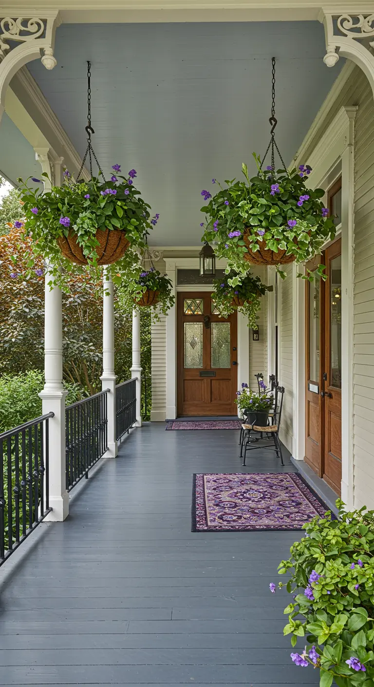 Porche clásico con cestas colgantes repletas de flores violetas y plantas de hojas verdes.