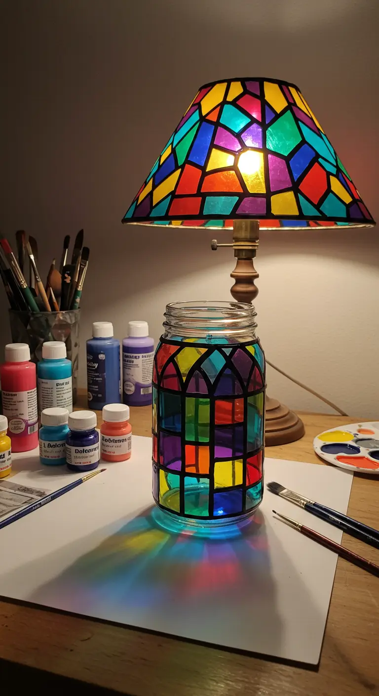 Lámpara de mesa hecha con un frasco pintado a mano para imitar un vitral de colores vivos.