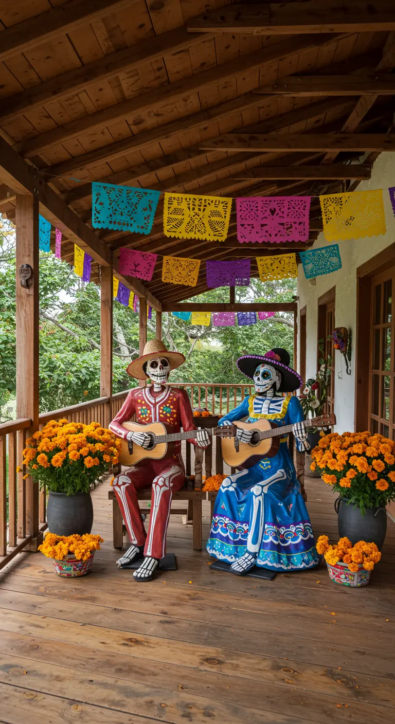 Figuras de un catrín y una catrina sentados en un porche de madera tocando la guitarra.