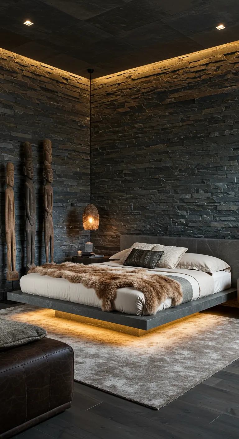 Dormitorio con paredes de lajas de piedra oscura y una cama flotante iluminada con luces LED.