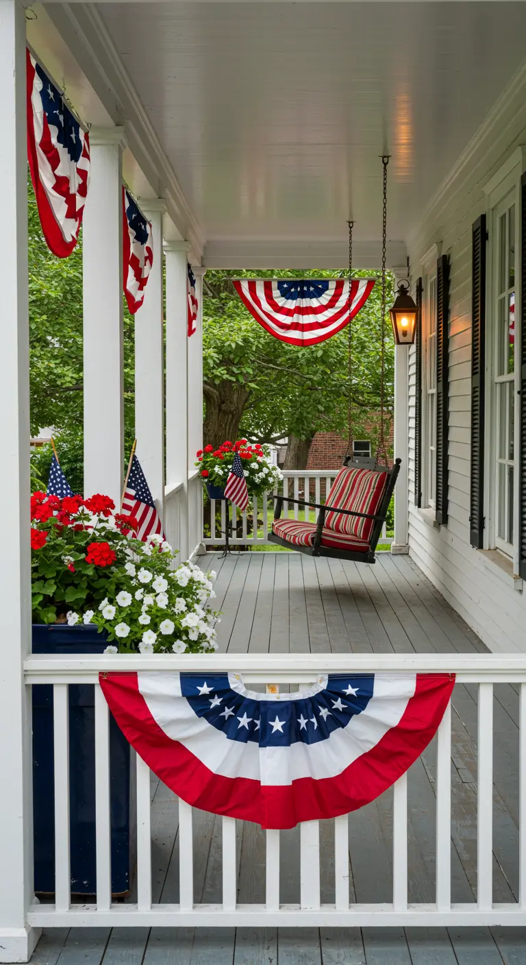 Porche blanco decorado con banderas y banderines de estilo americano para una fiesta.