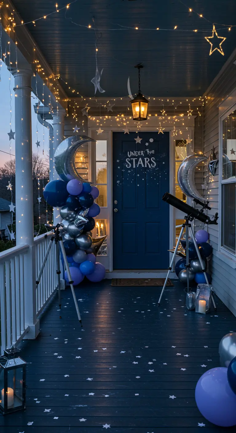Porche de cumpleaños con temática de estrellas, globos azules y plateados, y luces de hadas.