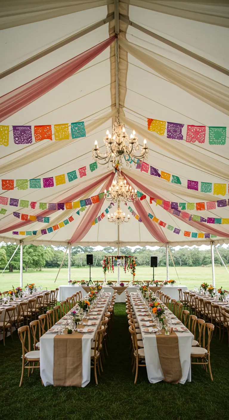 Interior de una carpa de eventos decorada con papel picado de colores para una boda o fiesta.