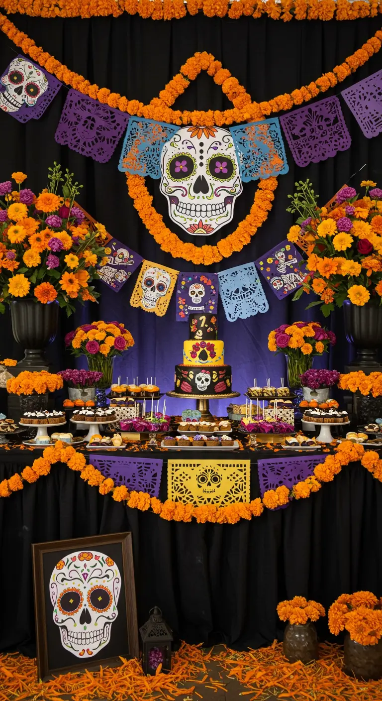Mesa de cumpleaños temática del Día de Muertos con papel picado de calaveras y flores de cempasúchil.