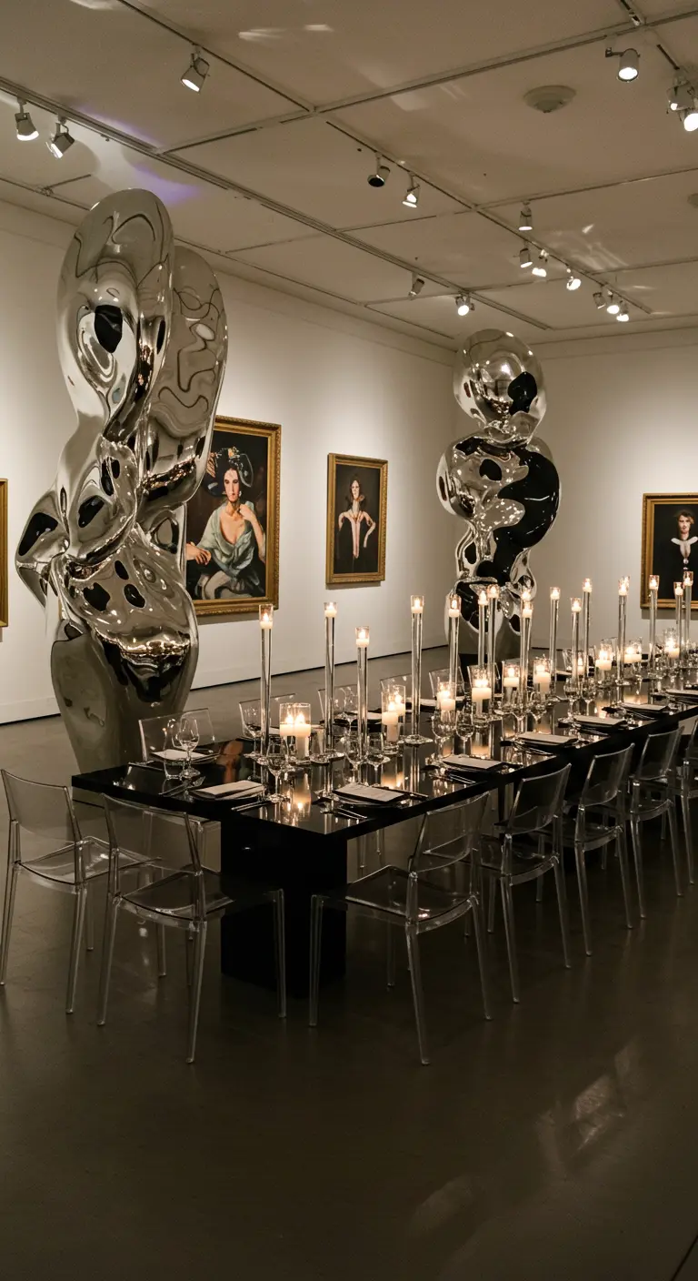 Cena de cumpleaños en una galería de arte con esculturas metálicas y una mesa larga y negra.
