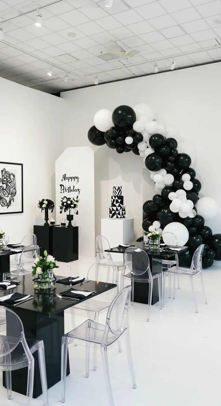 Espacio blanco con un arco de globos, mesas negras y sillas transparentes para un cumpleaños.