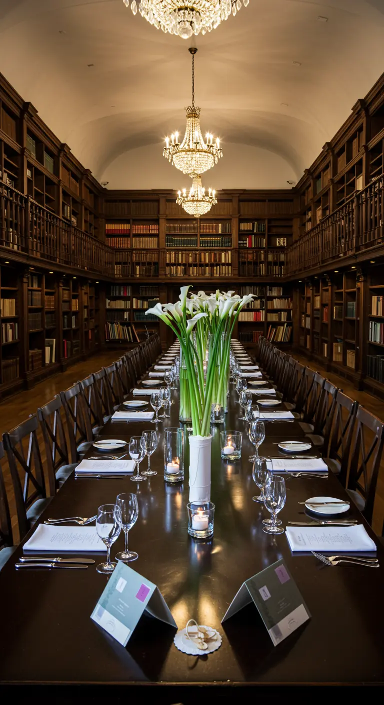 Mesa imperial larga en una biblioteca con estanterías de madera, decorada con calas blancas.