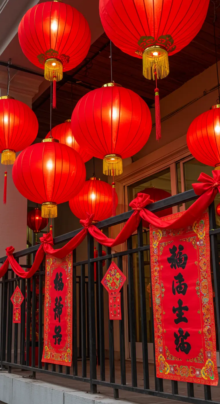 Balcón decorado para el Año Nuevo Chino con abundantes farolillos y pancartas rojas.