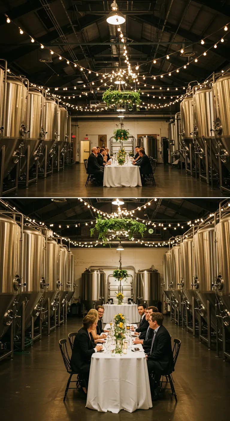 Pequeña recepción de boda en una cervecería, con luces colgando sobre una mesa.