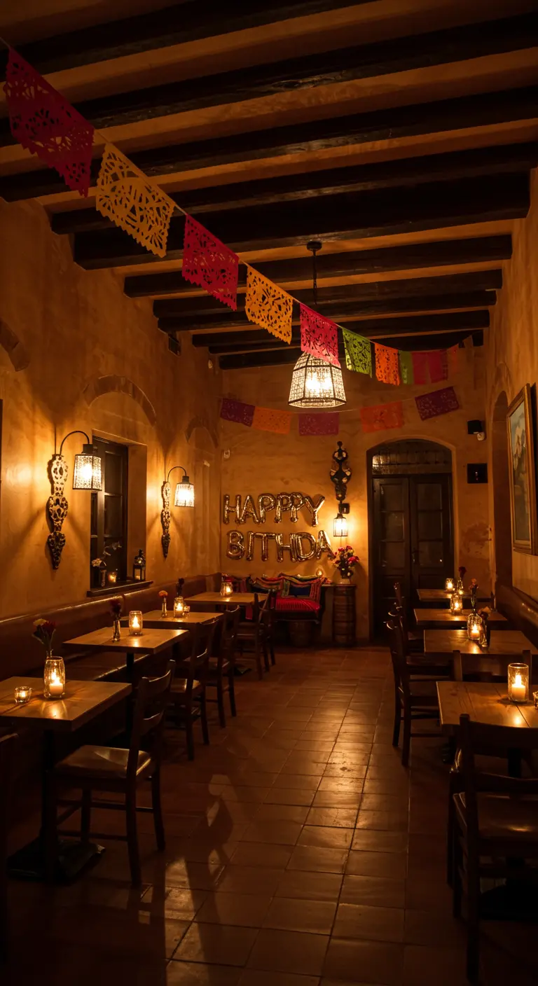 Interior de un restaurante acogedor con papel picado, globos de cumpleaños y luz de velas.