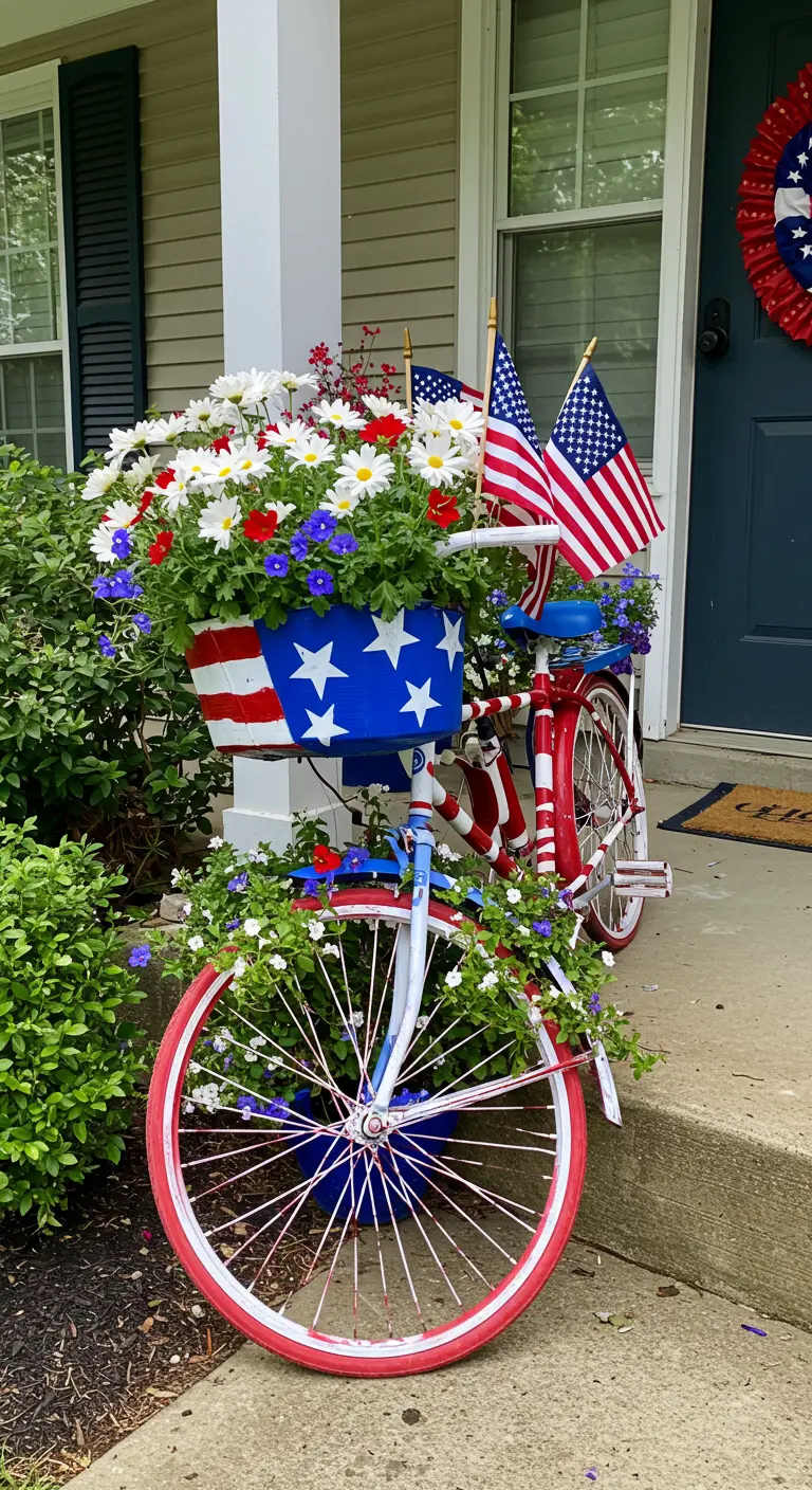 Bicicleta pintada con los colores de la bandera de EE. UU. y flores blancas, rojas y azules