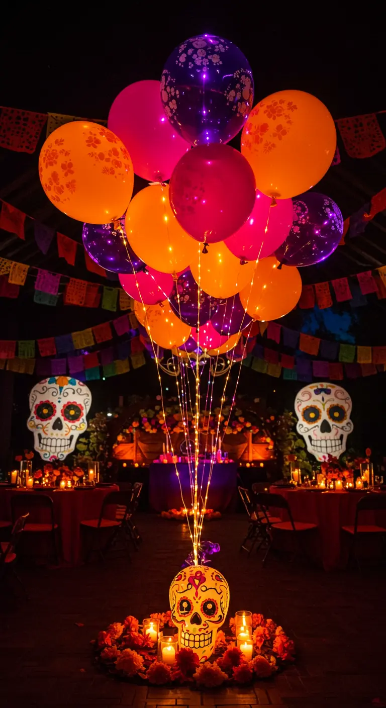 Centro de mesa para el Día de Muertos con una calavera de azúcar y un ramo de globos LED.