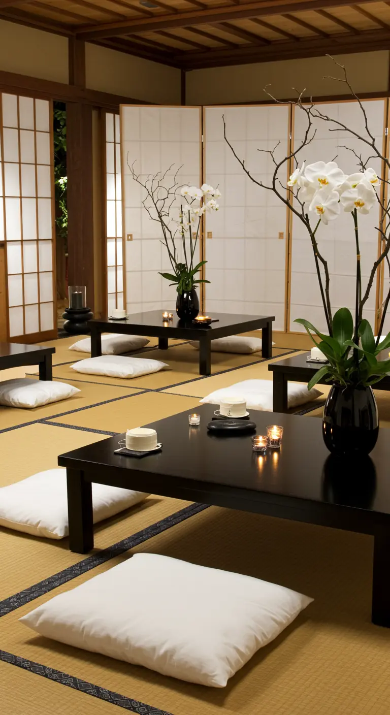Sala de estilo japonés con mesas bajas, cojines en el suelo y arreglos de orquídeas.