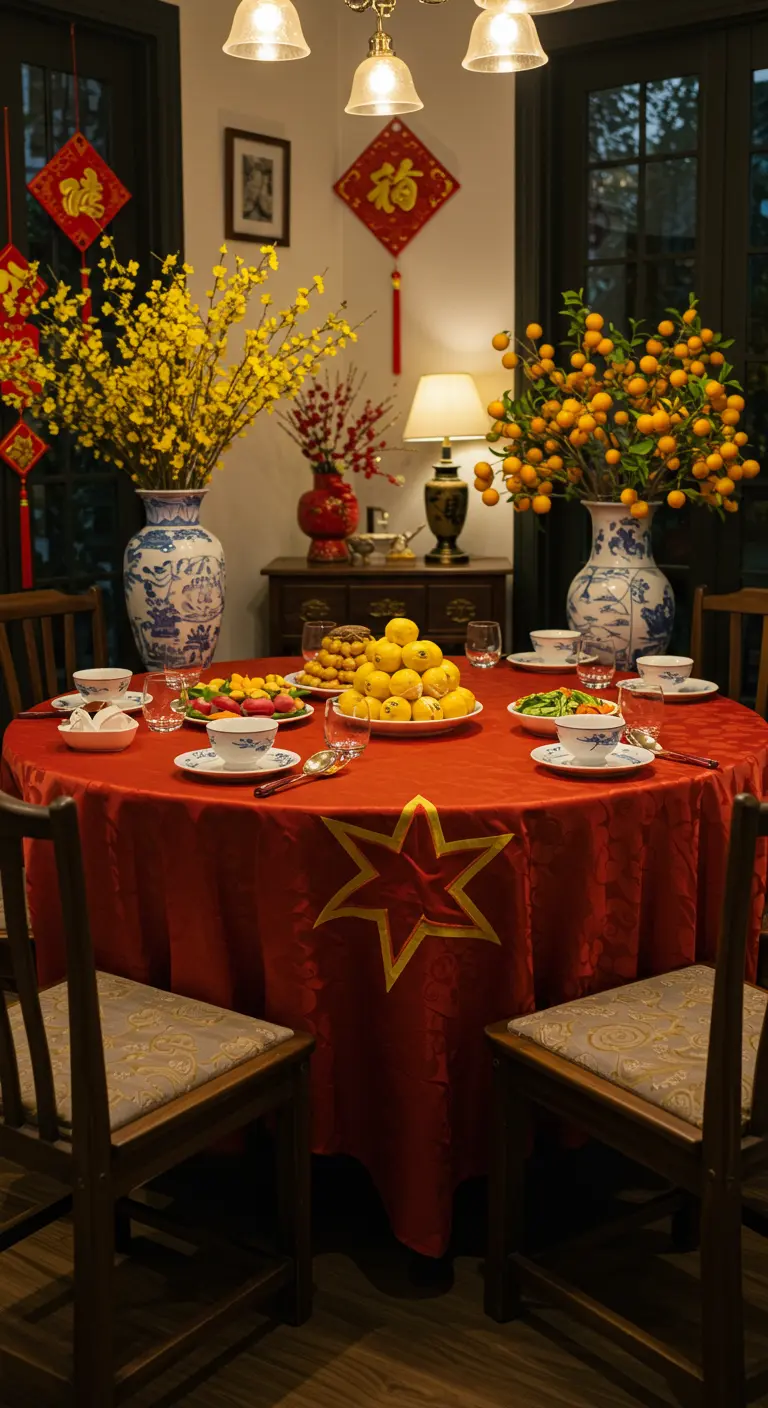 Mesa redonda con mantel rojo y una estrella dorada para la celebración del Año Nuevo vietnamita.