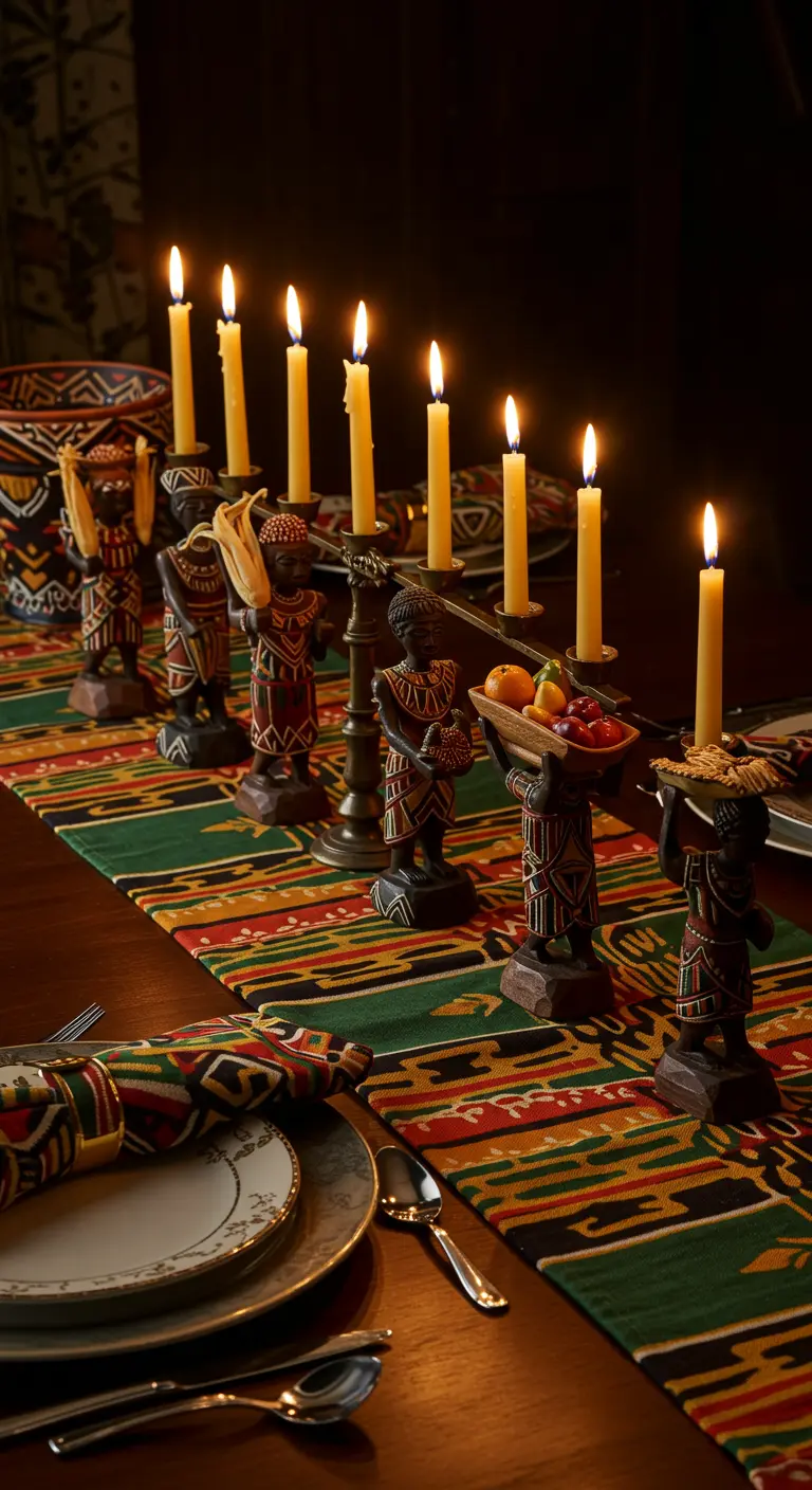 Mesa de Kwanzaa con figuras de madera tallada, candelabros y textiles africanos.