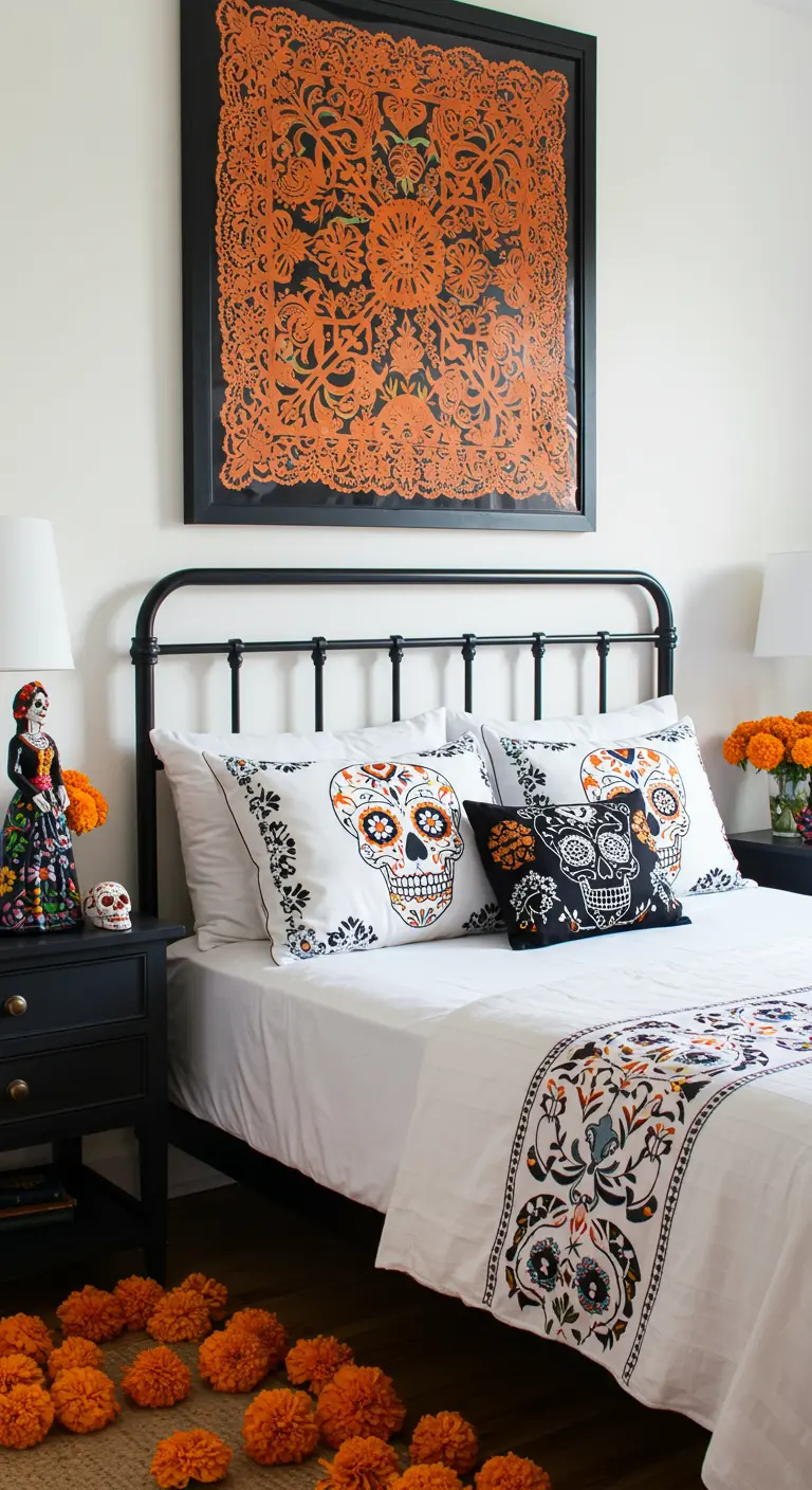 Dormitorio temático del Día de Muertos con cojines de calaveras y flores de cempasúchil.