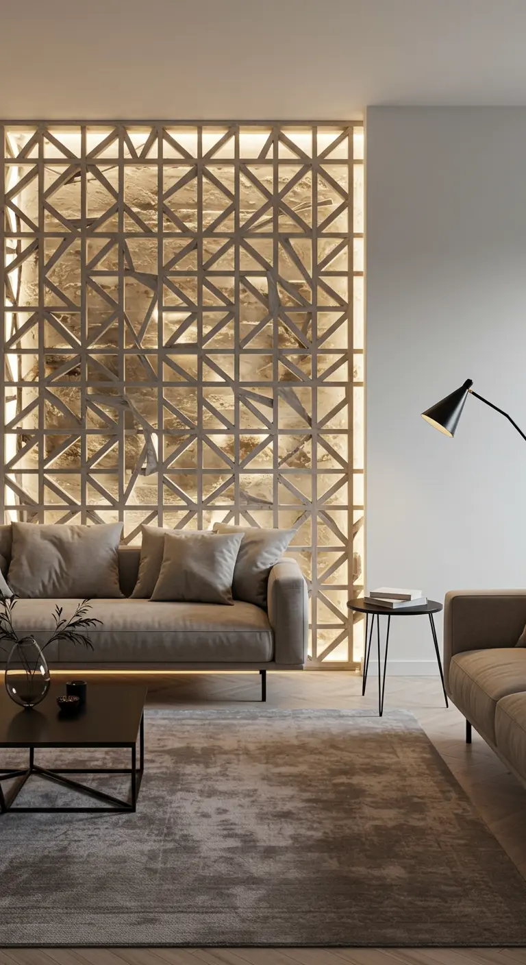 Pared de celosía de madera con iluminación LED integrada detrás de un sofá moderno.