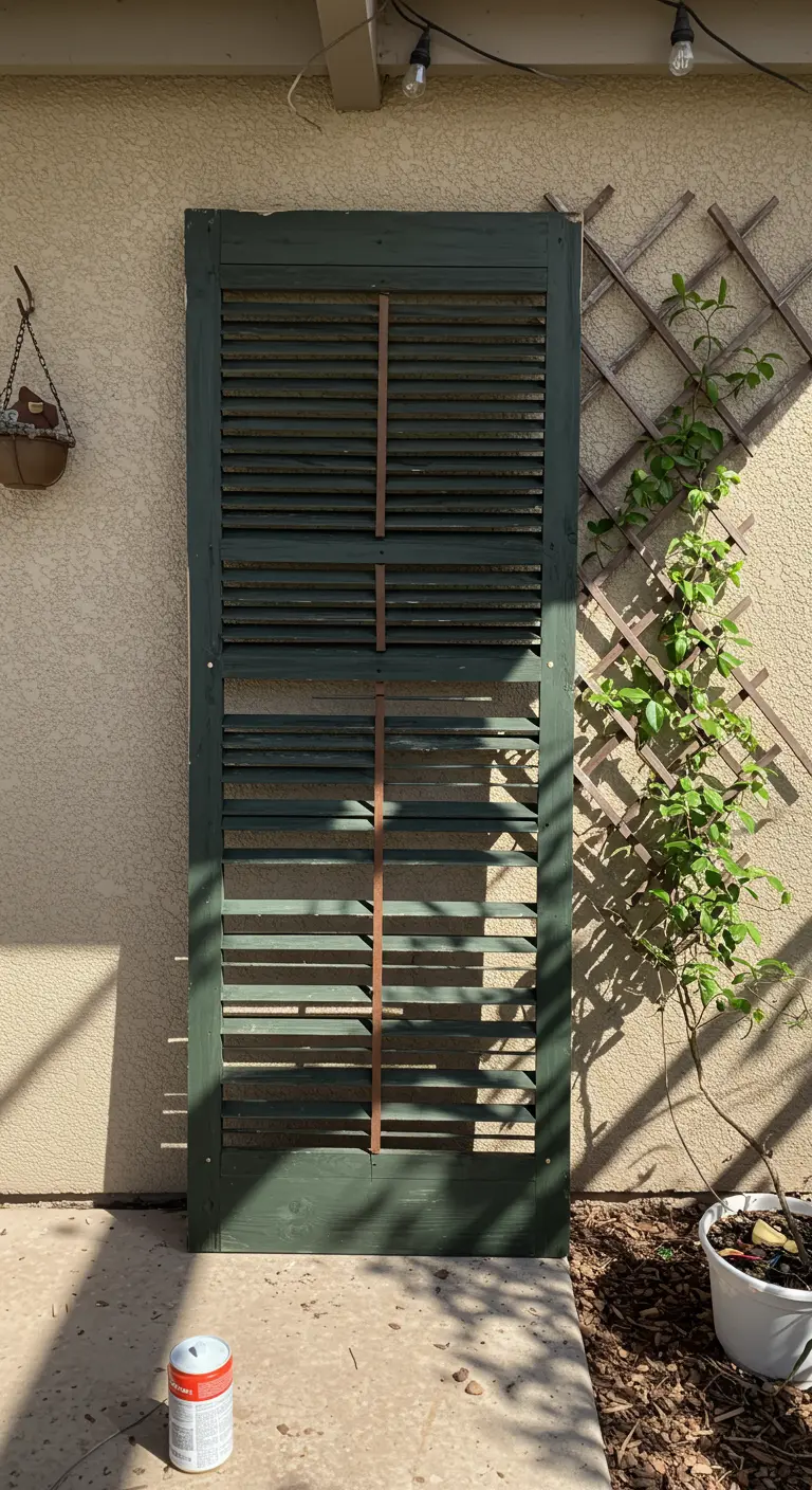 Persiana de madera verde oscuro apoyada en una pared exterior para servir como celosía a una planta