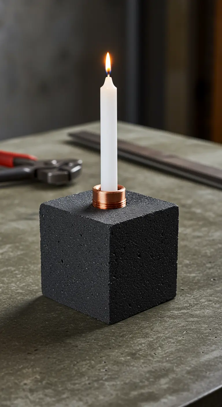 Portavelas cúbico de cemento negro con un anillo de cobre para la vela.