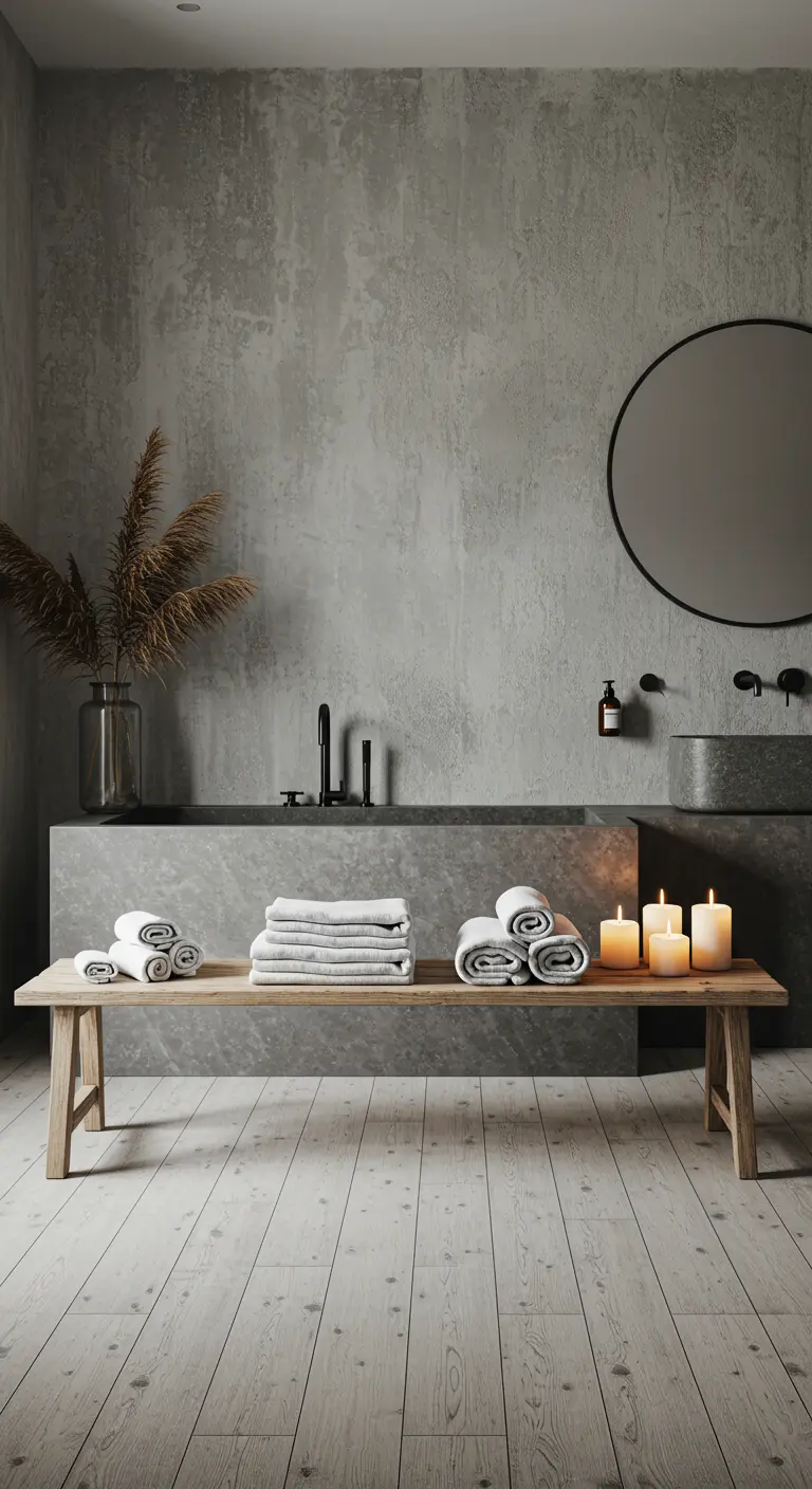 Baño con paredes de microcemento gris, bañera oscura y un banco de madera con toallas.