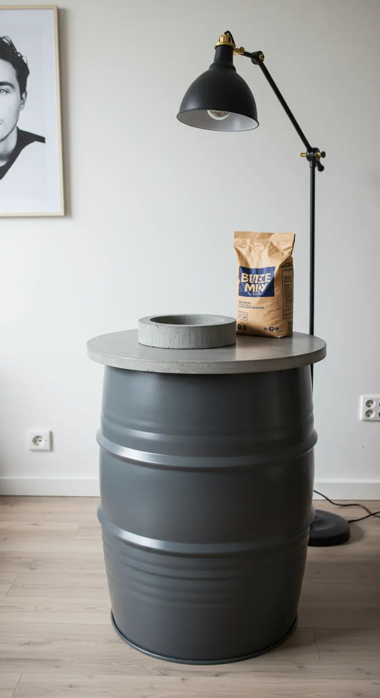 Mesa auxiliar con base de barril de metal pintado de gris y una tapa redonda de cemento pulido