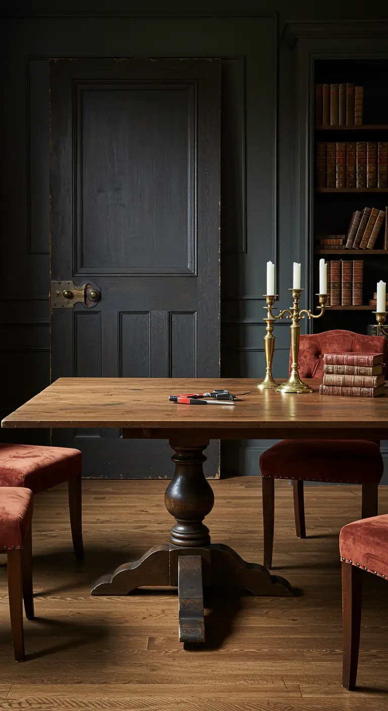 Comedor elegante con una mesa hecha de una puerta oscura sobre una base de pedestal y candelabros.