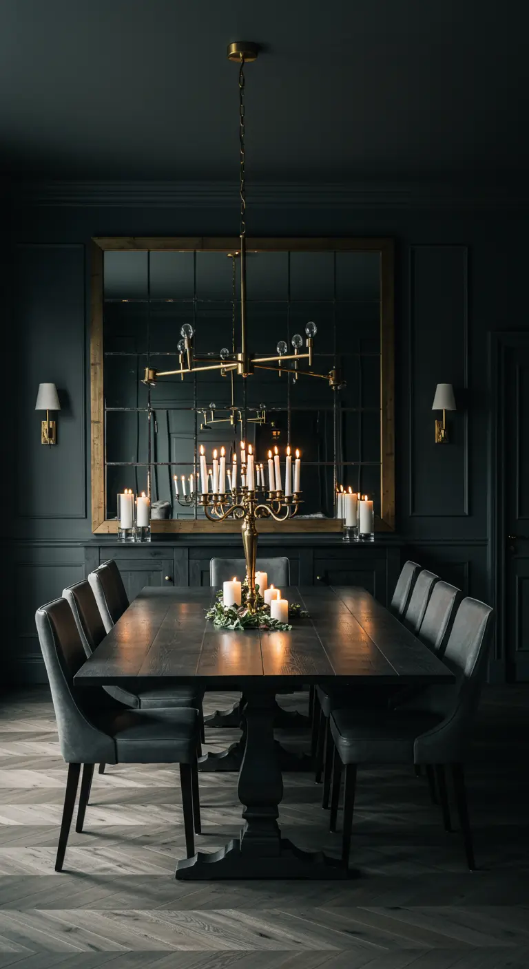 Comedor oscuro y dramático con un gran espejo de cuarterones que refleja la luz de las velas