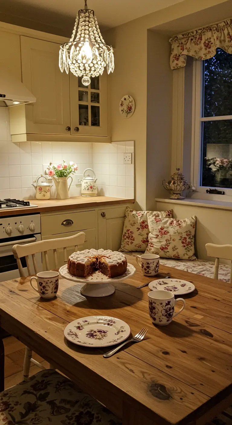 Rincón de comedor acogedor con lámpara de araña, banco esquinero y vajilla floral sobre la mesa.