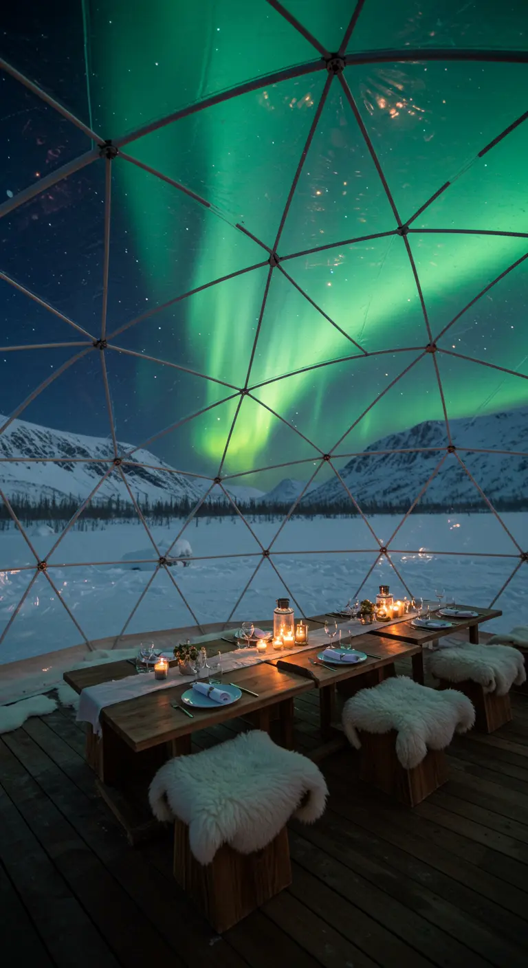 Cena de boda en un iglú de cristal bajo la aurora boreal.