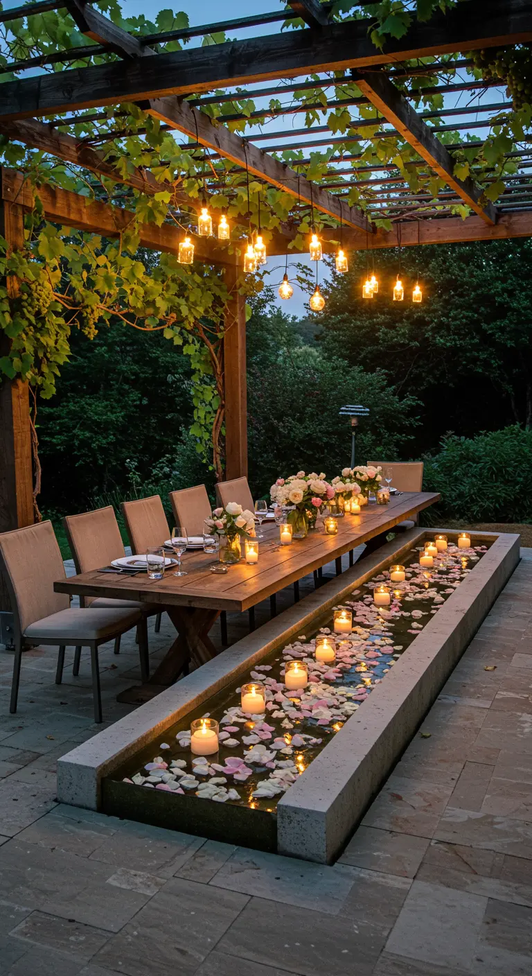Mesa de comedor en un jardín bajo una pérgola, con un canal de agua central con velas flotantes.