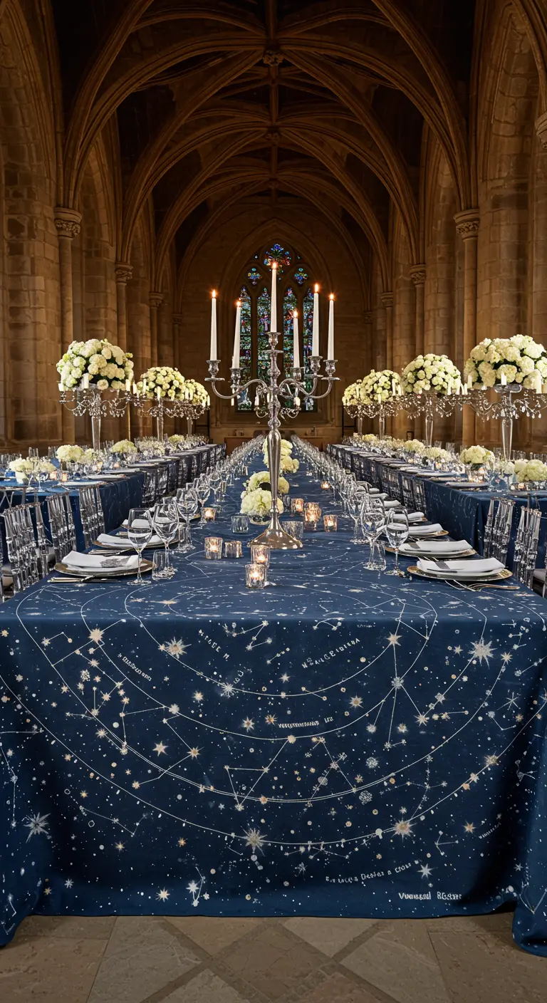 Mantel azul oscuro con constelaciones blancas y doradas en una larga mesa de banquete.