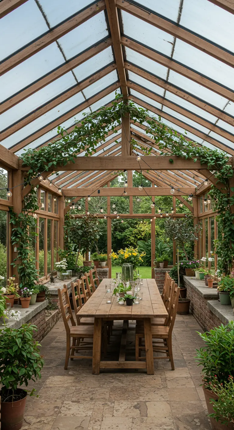 Comedor dentro de un invernadero con estructura de madera, techo de cristal y plantas trepadoras