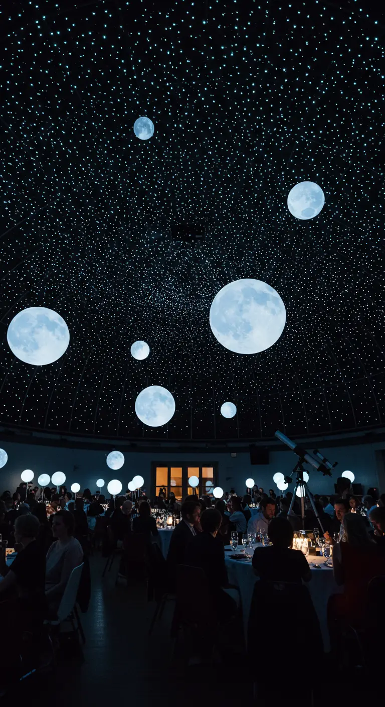 Techo oscuro de un planetario con lunas iluminadas y miles de puntos de luz como estrellas.