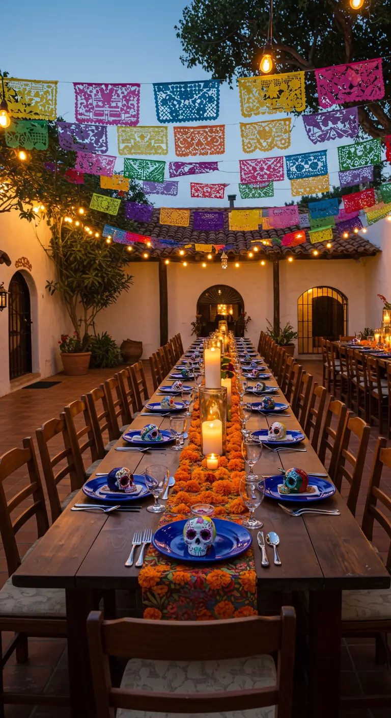 Mesa larga de comedor al aire libre bajo un techo de papel picado y luces colgantes.