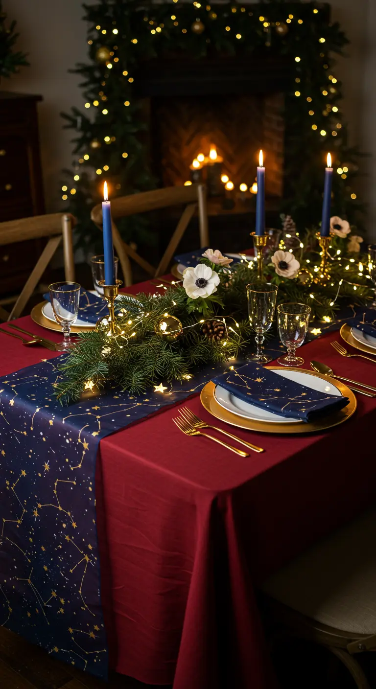 Mesa navideña con mantel rojo y camino azul marino con estrellas doradas.