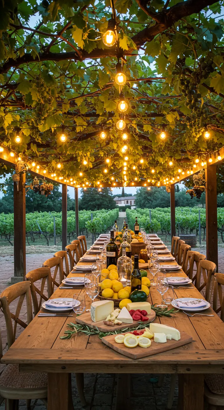 Mesa larga de madera bajo una pérgola cubierta de parras y bombillas cálidas.