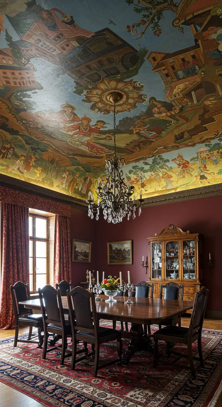 Comedor con un impresionante mural pintado en el techo, paredes color vino y muebles clásicos.