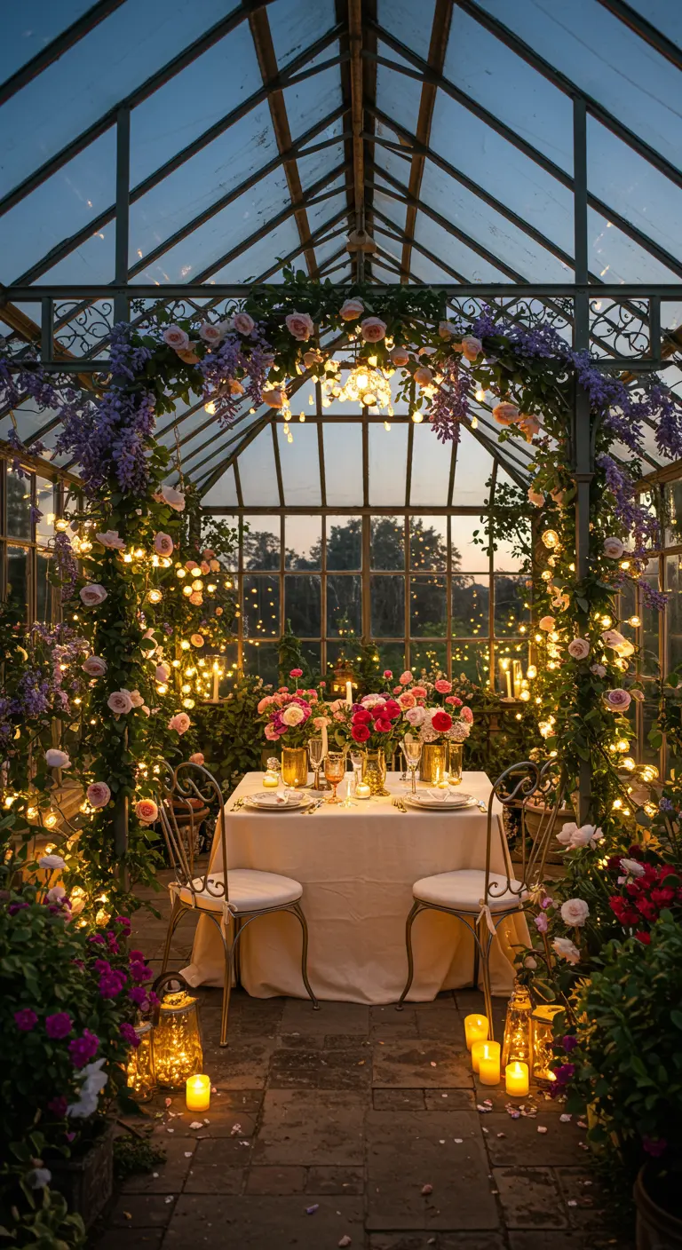 Cena romántica para dos en un invernadero iluminado con guirnaldas de luces y flores.