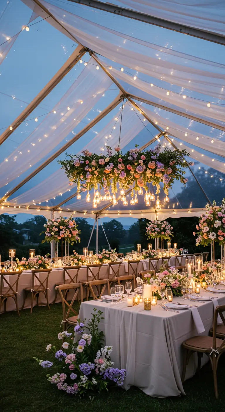 Recepción de boda nocturna en una carpa transparente con luces colgantes y flores.
