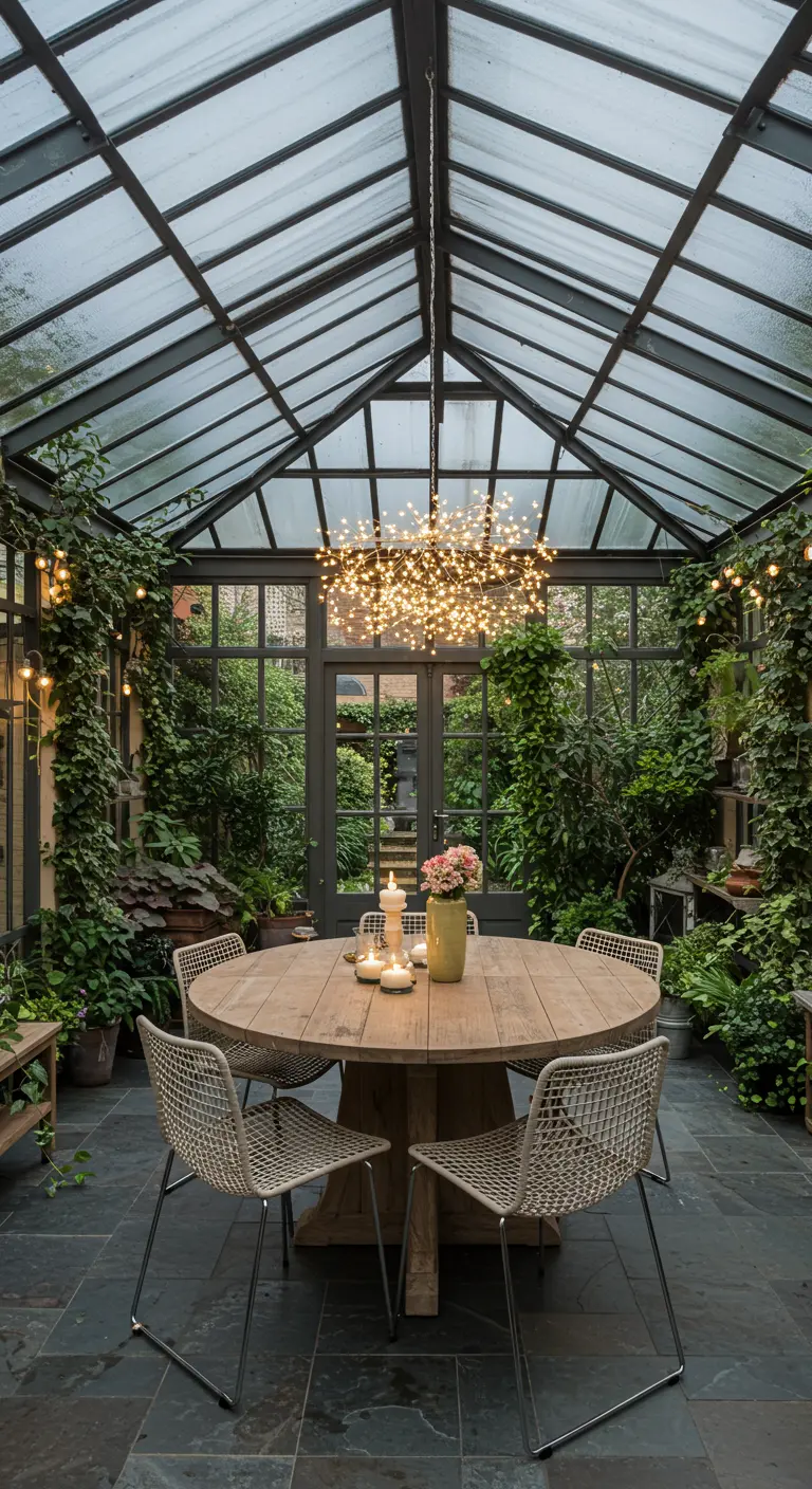 Comedor en un invernadero de cristal con una lámpara de múltiples luces pequeñas.