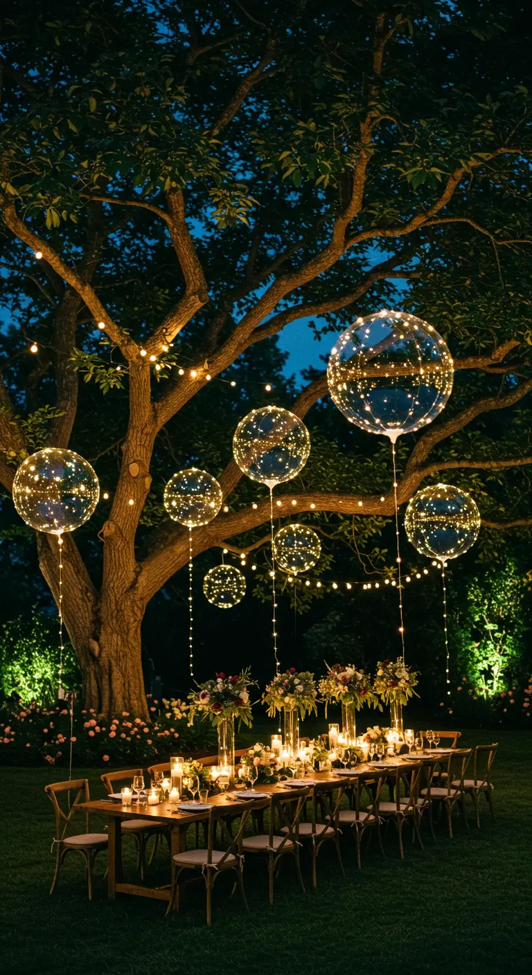 Mesa de cena en un jardín de noche bajo un árbol con globos LED transparentes flotando.