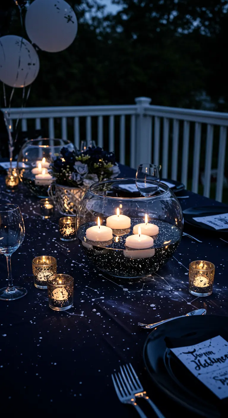 Mesa de cumpleaños con mantel de estrellas, velas flotantes en un cuenco y globos blancos.