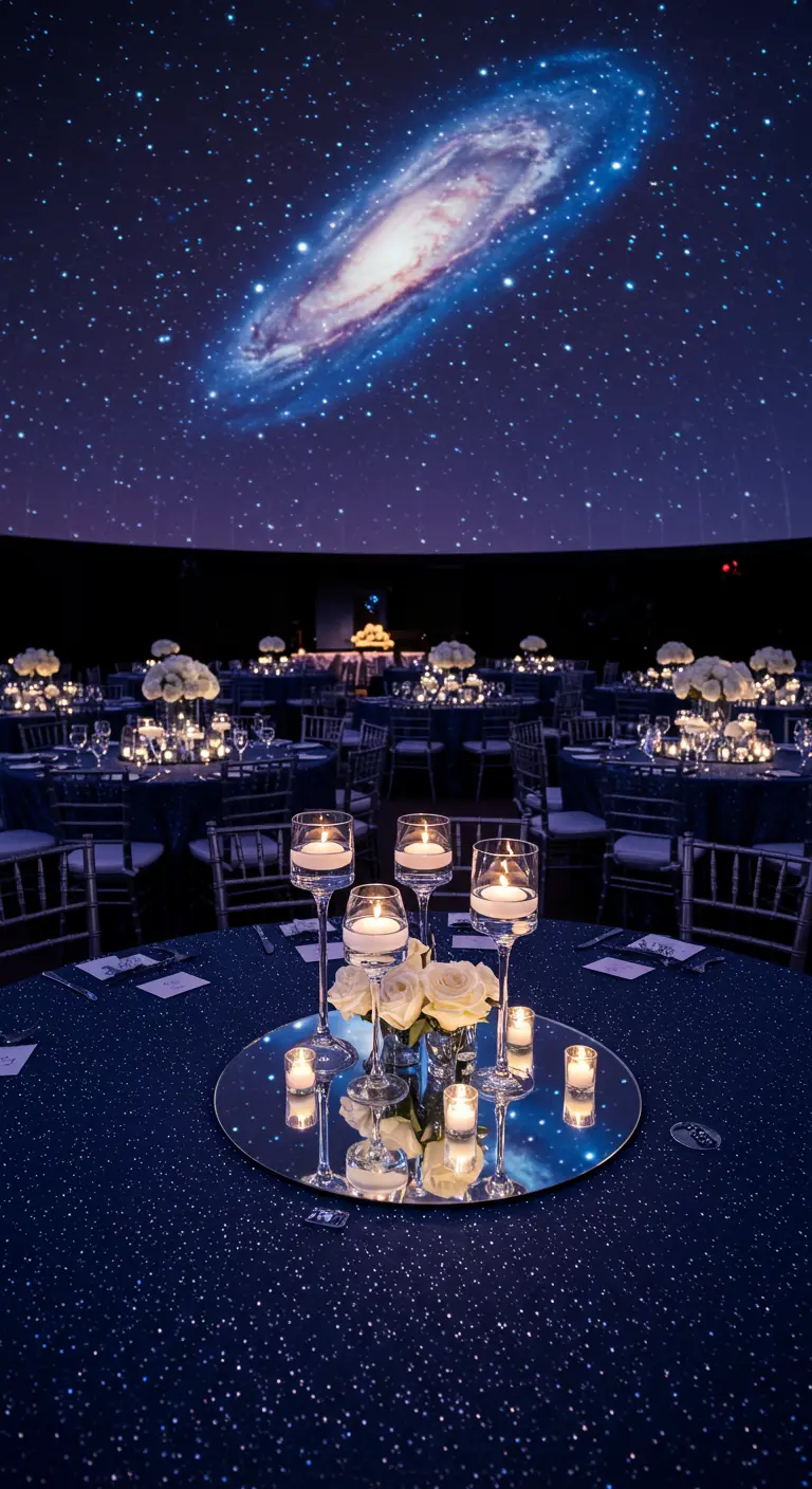 Mesas de cena en un planetario con una galaxia proyectada en el techo.
