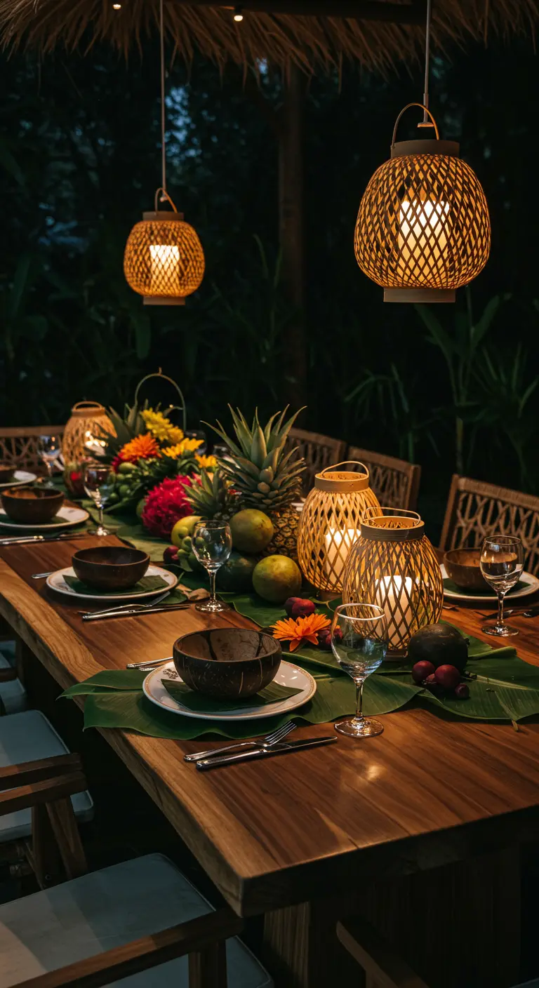 Mesa de comedor nocturna iluminada por farolillos de bambú, con cuencos de coco y hojas de plátano.