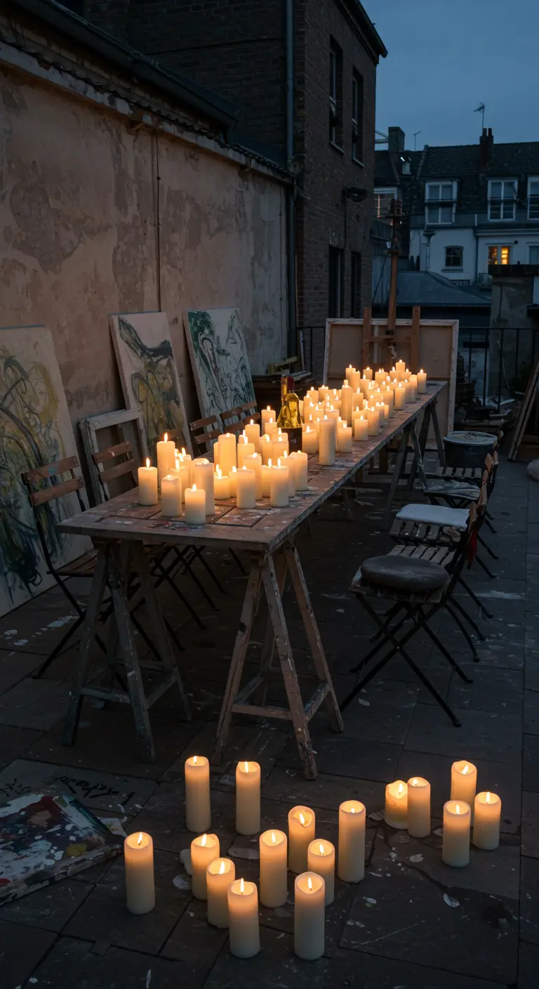 Azotea bohemia con una mesa improvisada sobre caballetes y rodeada de lienzos y velas.