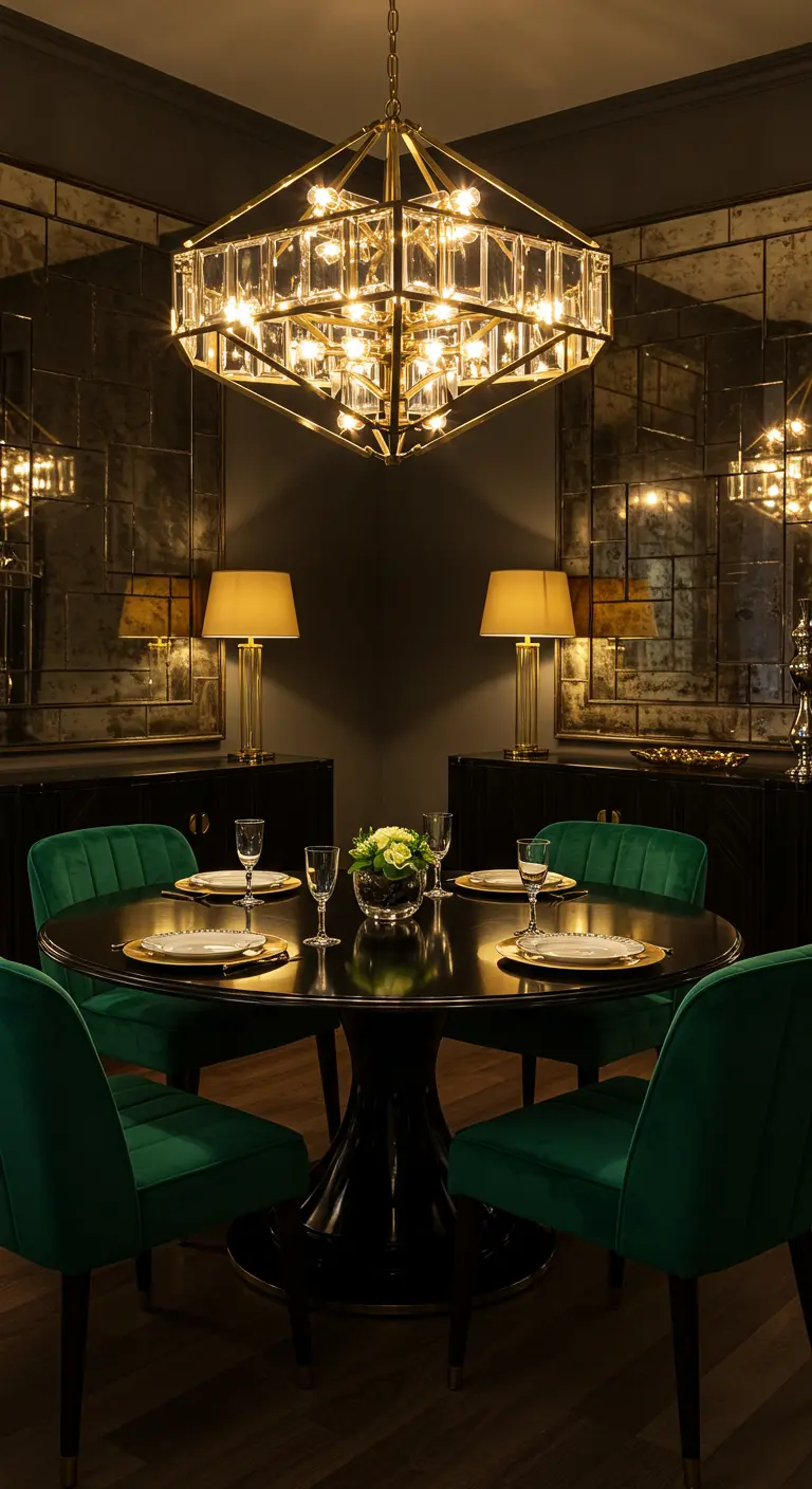 Comedor de lujo estilo Art Deco con lámpara geométrica dorada y sillas de terciopelo verde.