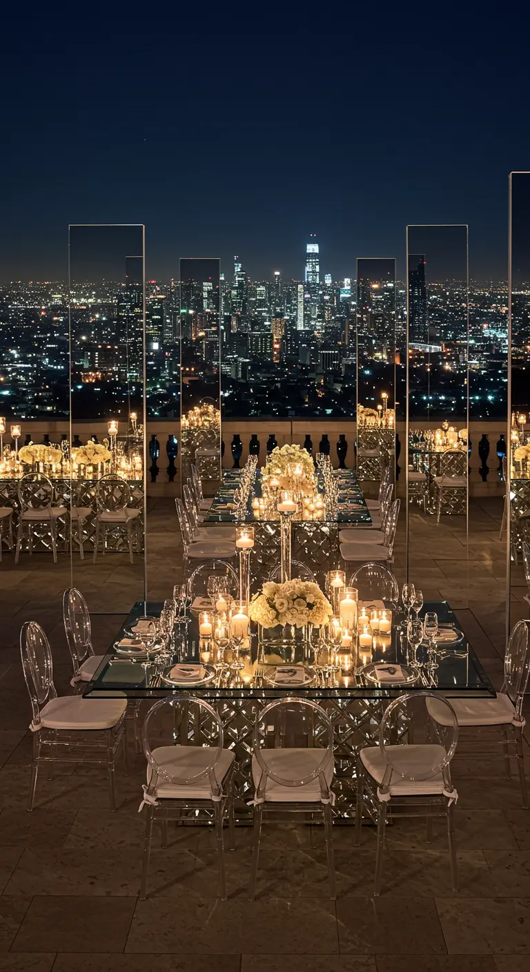 Mesa de boda en una azotea con altos espejos verticales que reflejan el skyline de la ciudad.