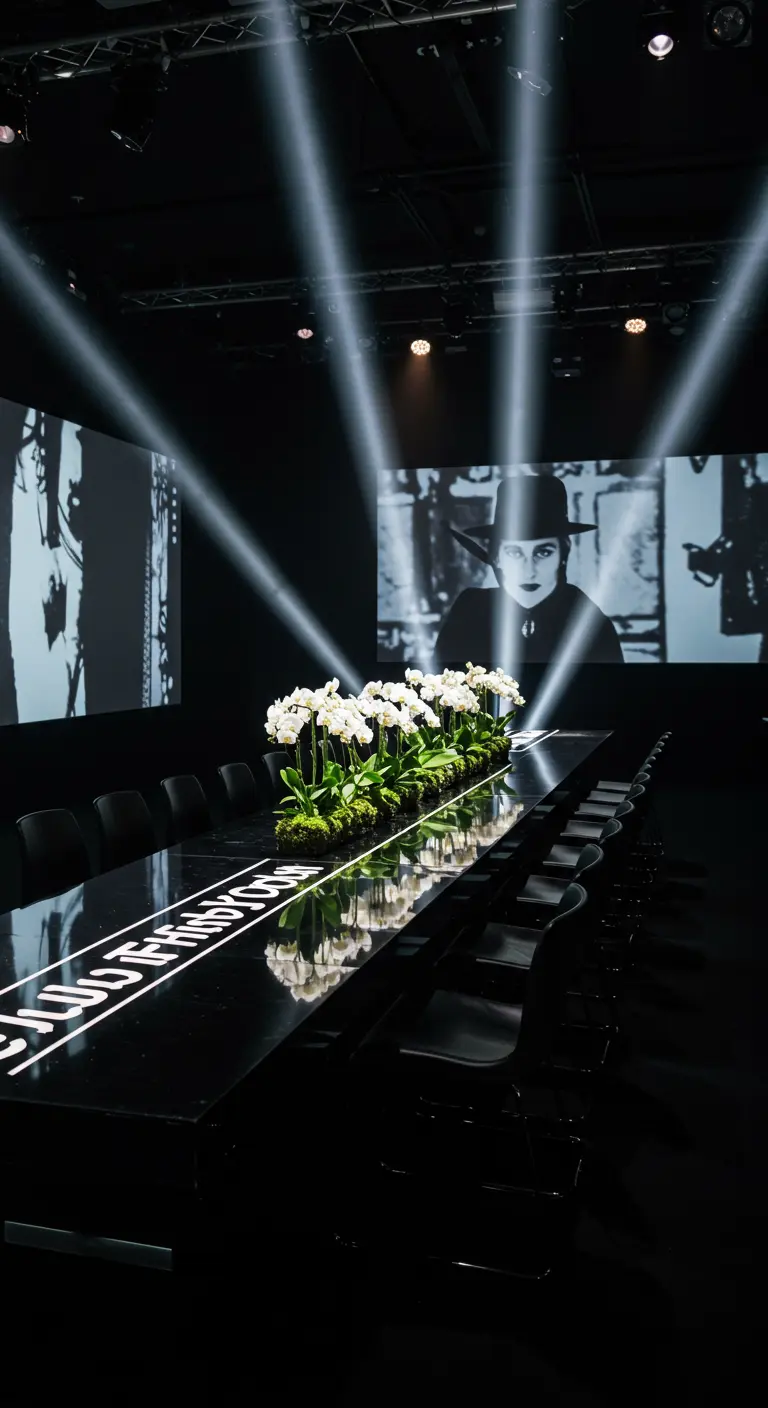 Mesa de cena larga y negra con orquídeas blancas, bajo focos de luz en un espacio oscuro.
