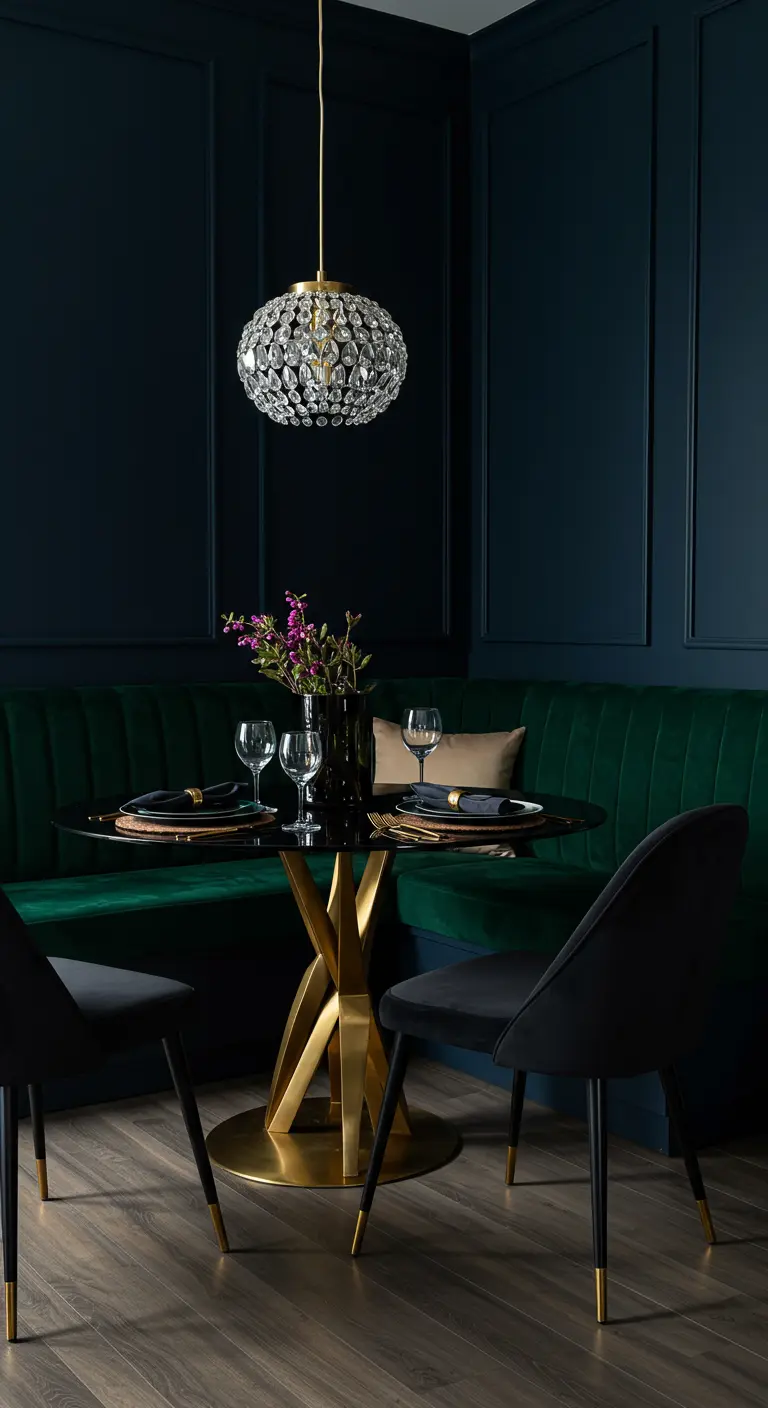 Comedor elegante con banco de terciopelo verde, paredes oscuras y mesa con base dorada.